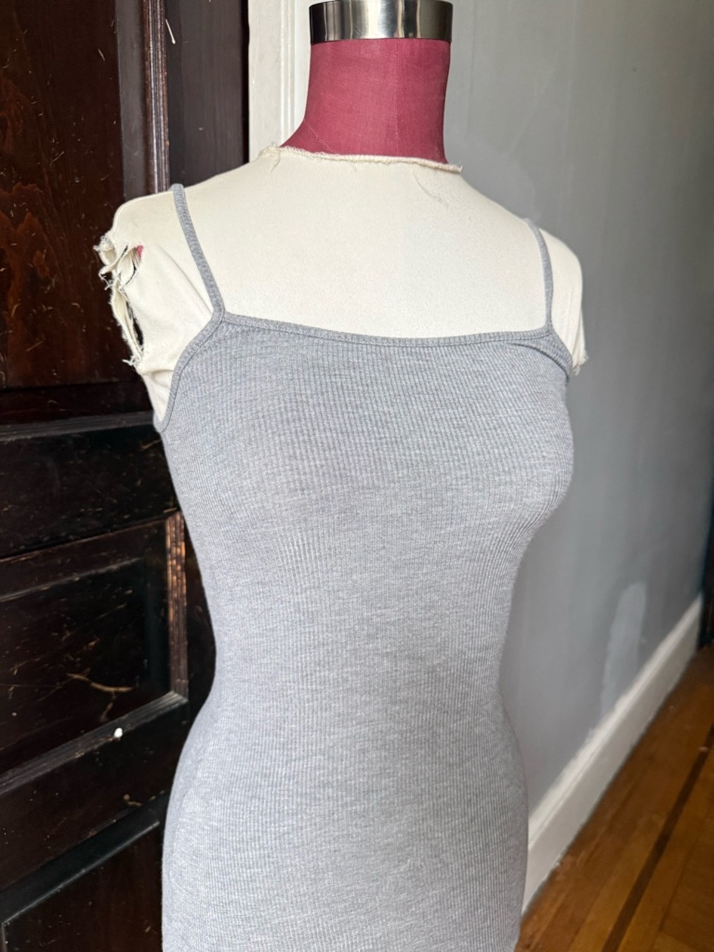 Gray Ribbed Spaghetti Strap Tank Dress